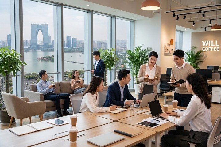 为厚团队在苏州办公空间内协作交流
